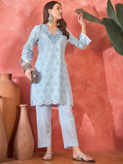 Dhiyona SN Women's Floral Schiffli Embroidered Thread Work Pure Cotton Straight Kurta With Trousers