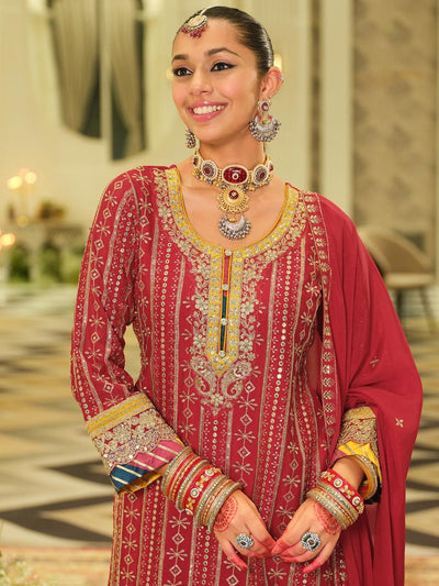 Indyancart IE Ethnic Motifs Embroidered Straight Sequinned Kurta With Sharara & Dupatta