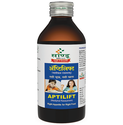 Sandu Aptilift Ayurvedic syrup bottle with label, showcasing herbal ingredients and natural formulation for digestive health.