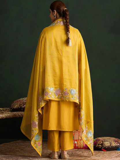 Indyancart IE Mustard Yellow Floral Embroidered Straight Kurta with Trousers & Dupatta