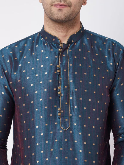 Men's Blue Silk Blend Straight Kurta and Dhoti Set