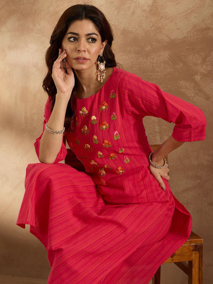 Dhiyona IE Women Floral Embroidered Regular Thread Work Pure Cotton Kurta with Trousers