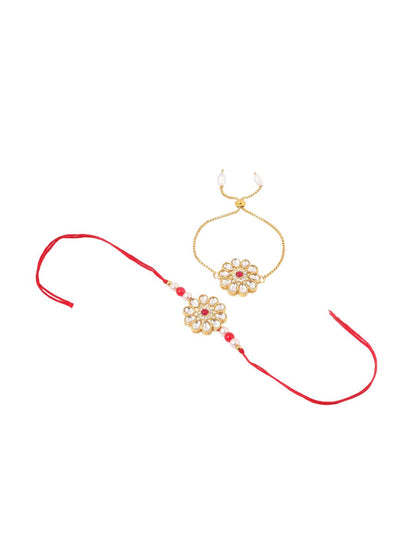 Anouk Set Of 2 Gold Toned Kundan Floral Design Bhaiya Bhabhi Rakhi Set With Roli Chawal