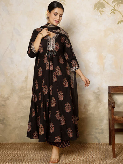 Indyancart SN Women's Ethnic Motifs Printed Pure Cotton Anarkali Kurta with Palazzo & Dupatta