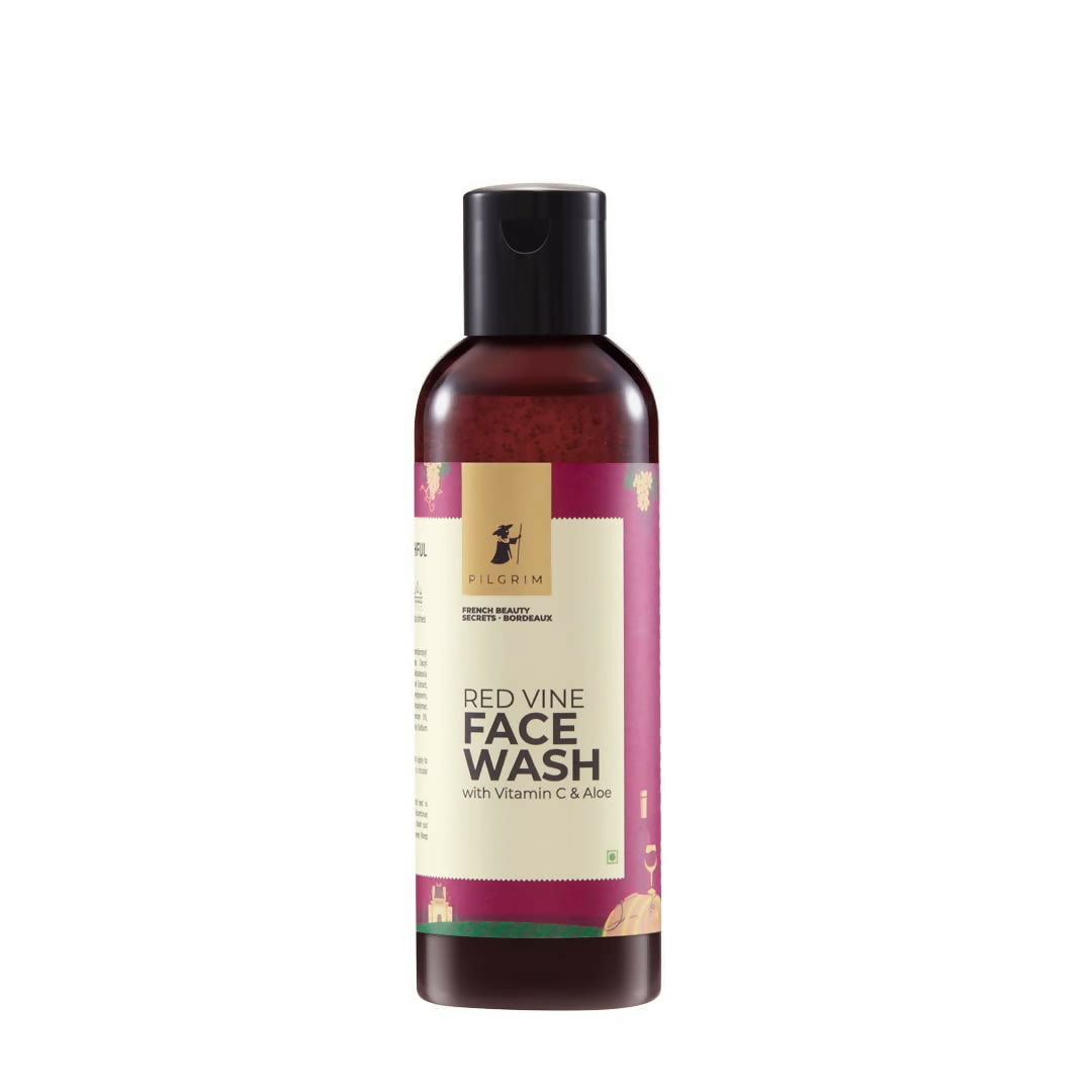 Pilgrim French Red Vine face wash with Vitamin C and Aloe, featuring exfoliating scrub for anti-aging and dark spot reduction.