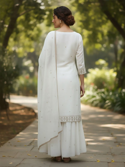 Indyancart VA Women Ethnic Motifs Embroidered Regular Thread Work Kurta with Sharara & With Dupatta