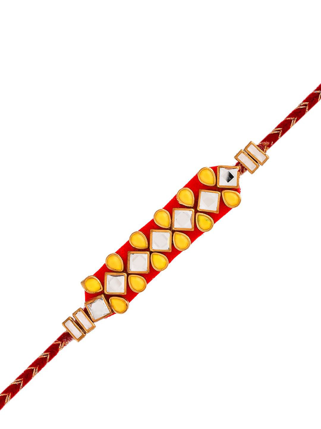 Anouk Set Of 4 Red Kundan-Studded & Beaded Rakhi With Roli Rice & Greeting Card