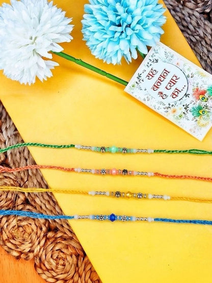 Anouk Set Of 4 Multicolor Artificial Beads Thread Rakhi With Roli Chawal Chandan Mishri