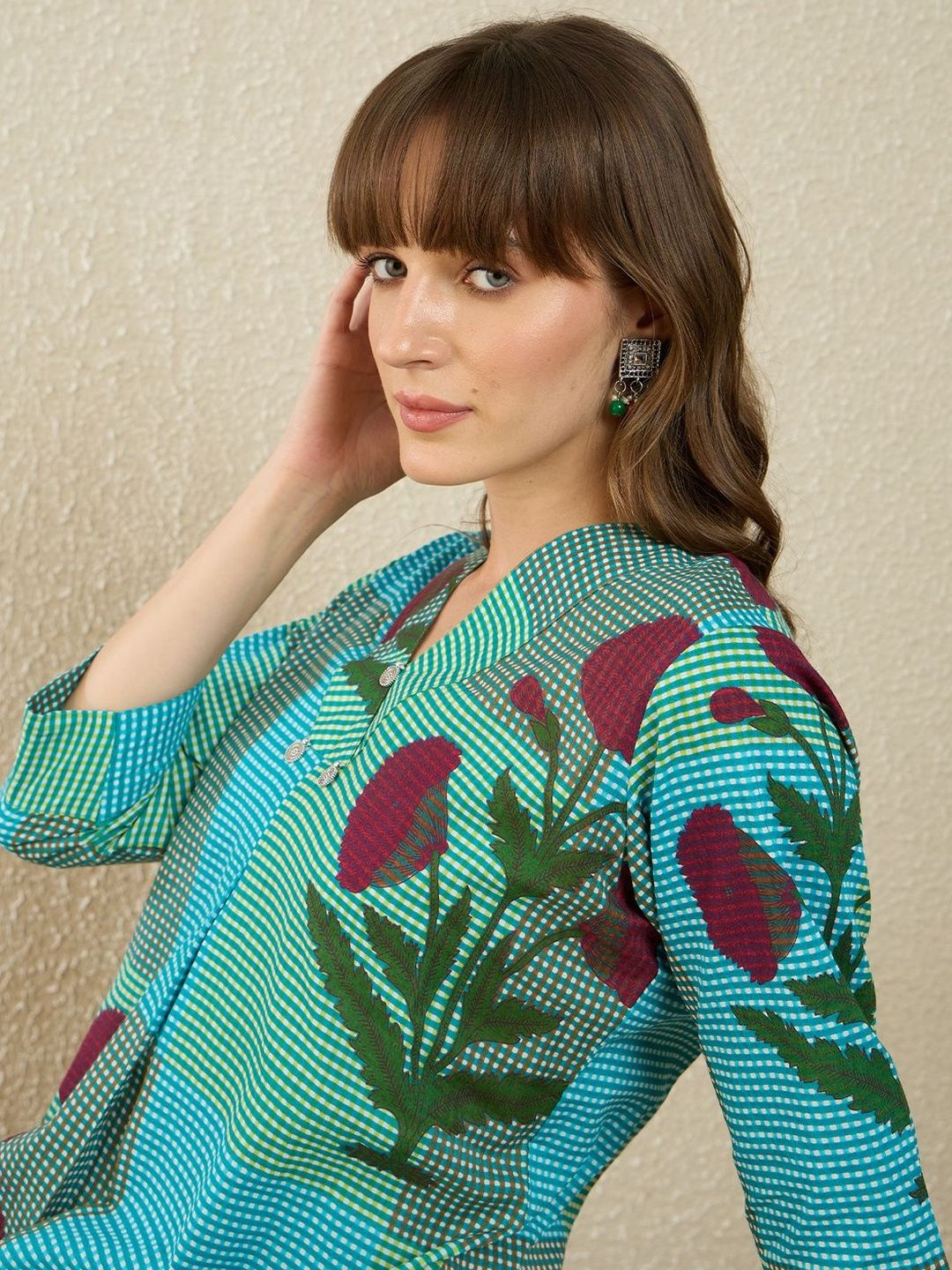 Floral Printed Pure Cotton A Line Kurta With Trousers
