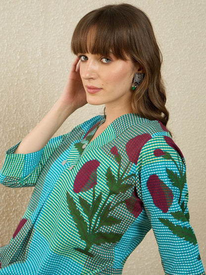 Floral Printed Pure Cotton A Line Kurta With Trousers