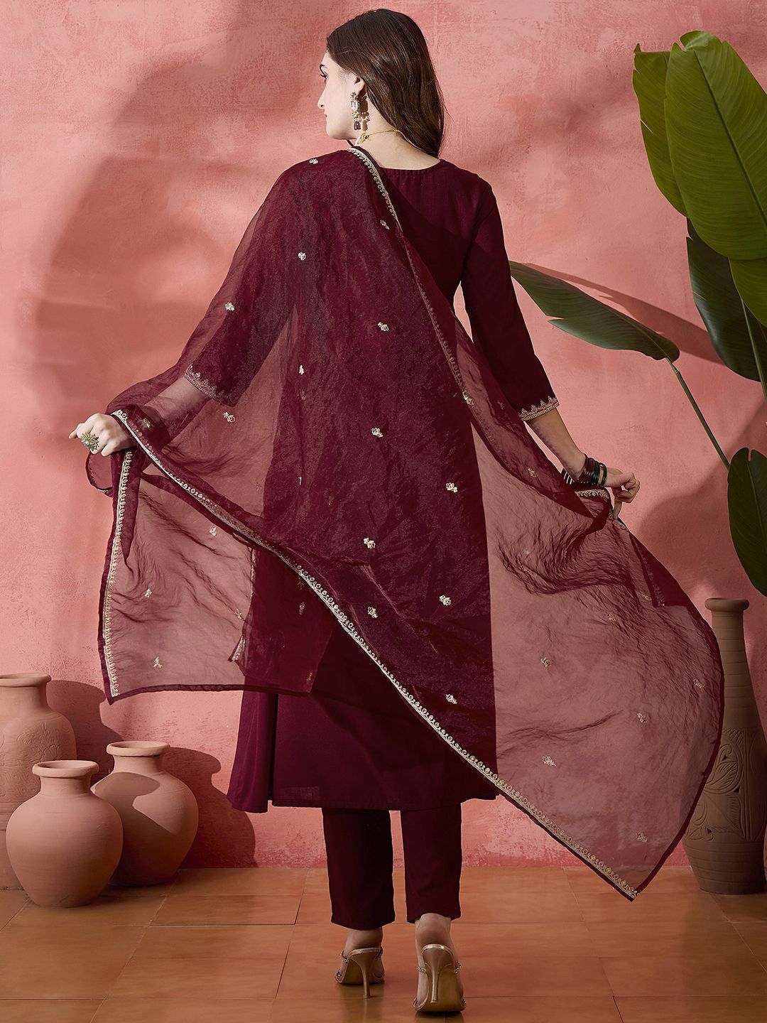 Indyancart SN Women's Floral Embroidered Pleated Sequinned A-Line Kurta With Trouser And Dupatta