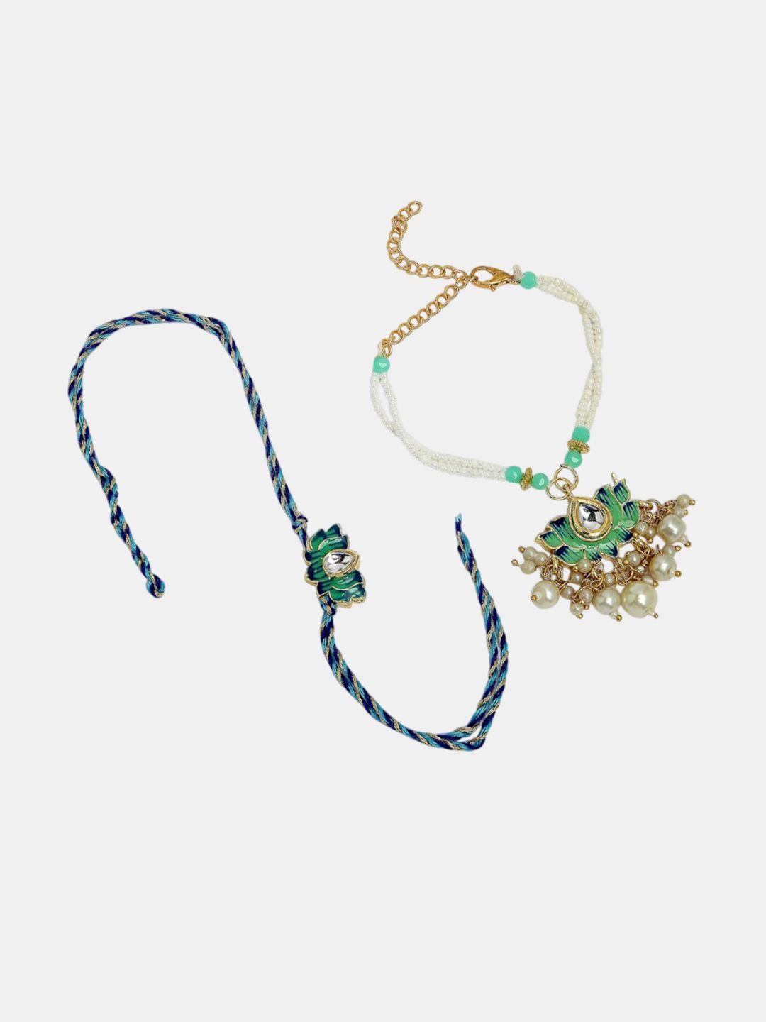 Anouk Set Of 2 Kundan-Studded & Beaded Lotus Shape Bhaiya Bhabhi Rakhis With Roli Chawal
