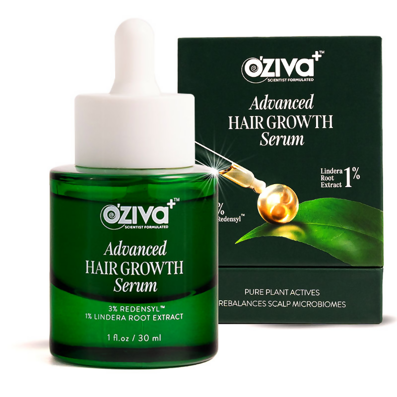 OZiva Advanced Hair Growth Serum with dropper applicator, designed to rebalance scalp microbiome for healthy hair growth.