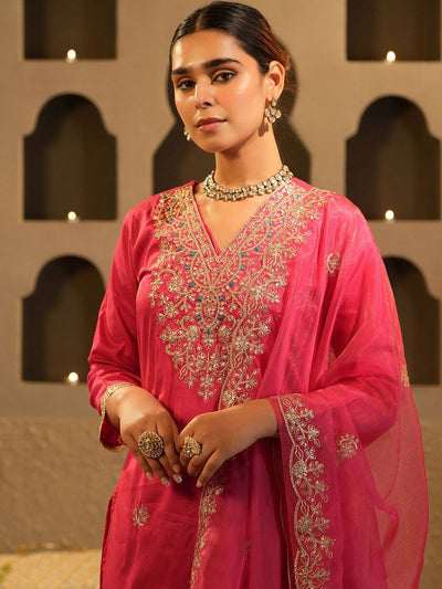 Indyancart IE Women's Women Ethnic Motifs Embroidered Regular Sequinned Kurta with Trousers & Dupatta