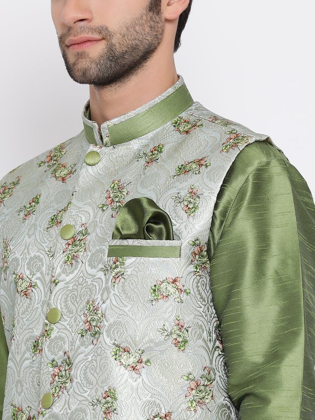 Men's Green Cotton Silk Straight Jacket  Kurta and Pyjama Set