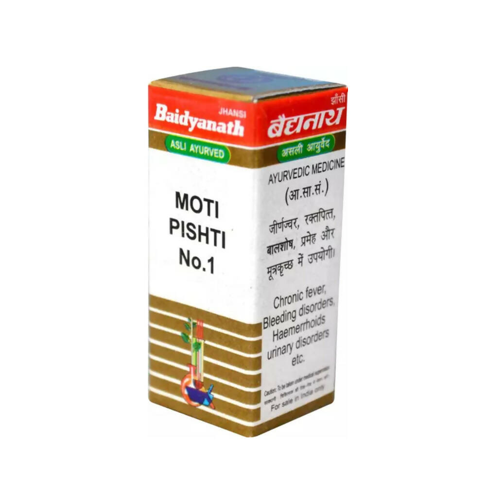 Baidyanath Jhansi Moti Pishti No.1 Ayurvedic powder in a small glass container showing the fine white powder.