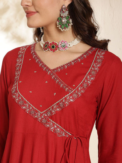 Indyancart SN Women's Embroidered V-Neck Anarkali Kurta With Trouser & Dupatta