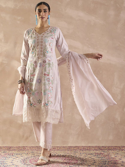 Floral Embroidered V-Neck Thread Work Pure Cotton Kurta With Trousers & Dupatta
