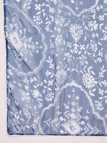 Indyancart SN Women's Floral Printed V-Neck Straight A-Line Kurta With Trousers And Dupatta