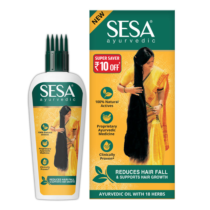 Sesa Ayurvedic Hair Oil bottle with dropper, natural herbal hair oil for scalp nourishment and hair health.