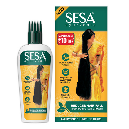 Sesa Ayurvedic Hair Oil bottle with dropper, natural herbal hair oil for scalp nourishment and hair health.