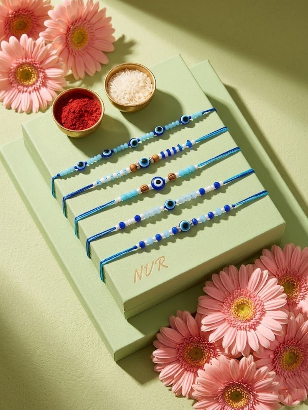 Anouk Set Of 5 Blue Evil Eye Thread Rakhi With Roli Chawal Chandan Mishri