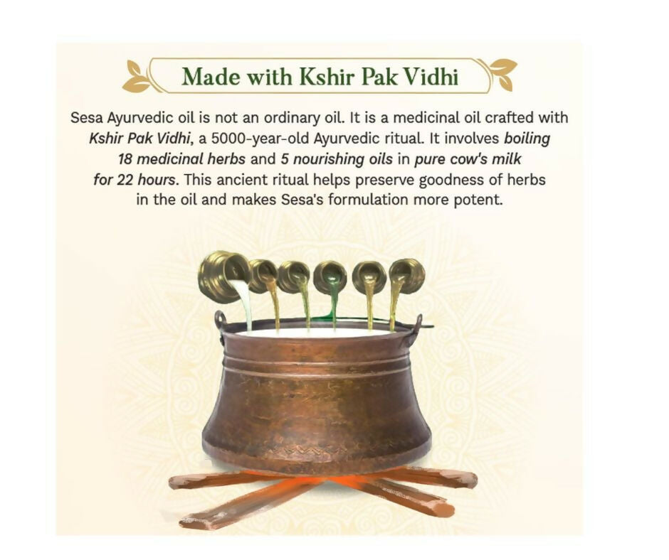 Sesa Ayurvedic Hair Oil bottle with dropper, showcasing herbal ingredients and natural packaging for healthy hair care.
