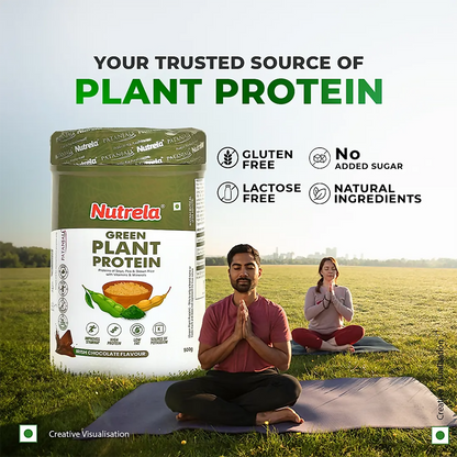 Patanjali Nutrela Green Plant Protein Ayurvedic powder in chocolate flavor, shown in a jar with a scoop of protein powder.