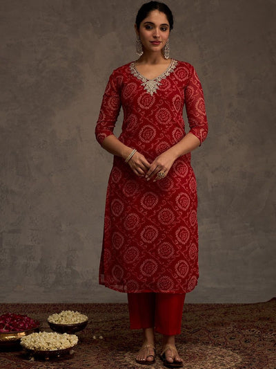 Indyancart IE Bandhani Printed Straight Sequinned Work Kurta With Trousers & Dupatta