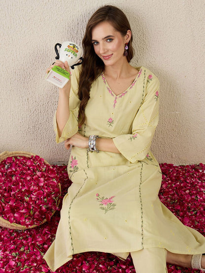 Dhiyona IE Embroidered Pure Cotton Tunic With Trousers Co-Ords