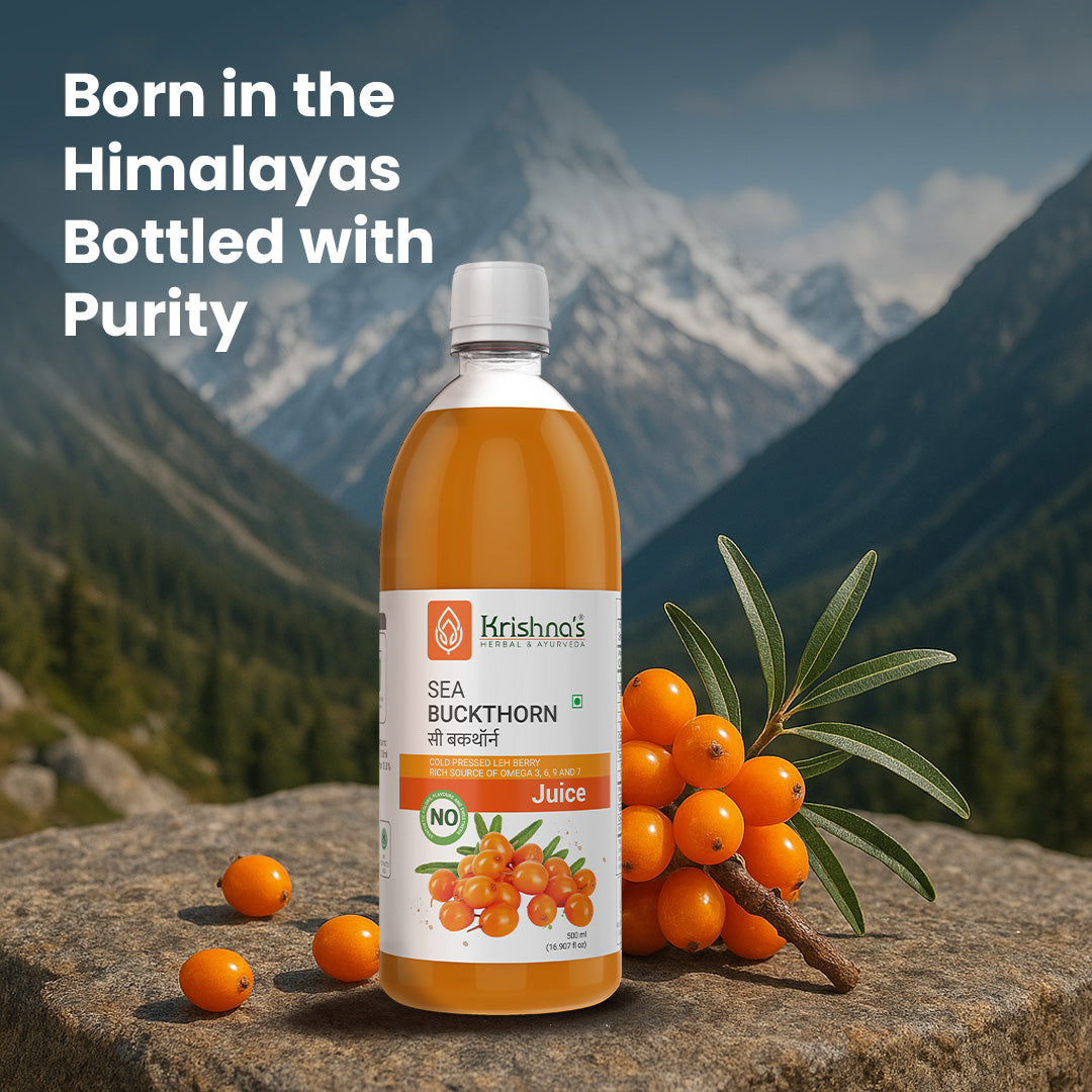 Krishna's Herbal & Ayurveda Sea Buckthorn Juice in a glass bottle, showcasing vibrant orange sea buckthorn berries and fresh juice.