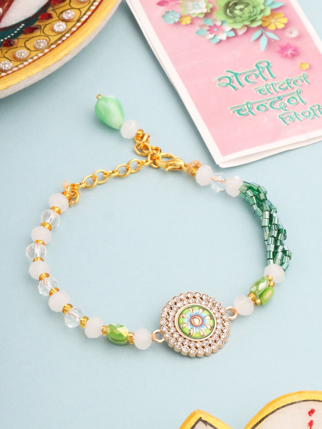 Anouk Artificial Stones & Beads Floral Wraparound Rakhi With Roli Chawal Chandan Mishri