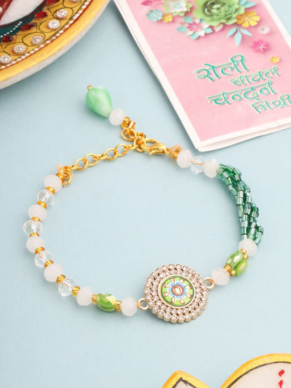 Anouk Artificial Stones & Beads Floral Wraparound Rakhi With Roli Chawal Chandan Mishri