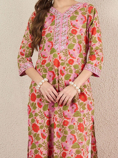 Women Floral Printed Regular Thread Work Pure Cotton Kurta with Salwar & With Dupatta