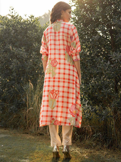 Dhiyona IE Floral Printed Mandarin Collar A-Line Pure Cotton Kurta With Trousers