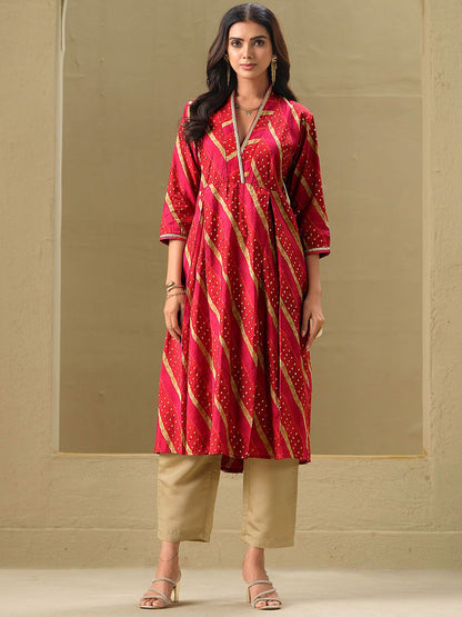 Indyancart SN Women's Leheriya Printed A-Line Kurta & Trousers Set