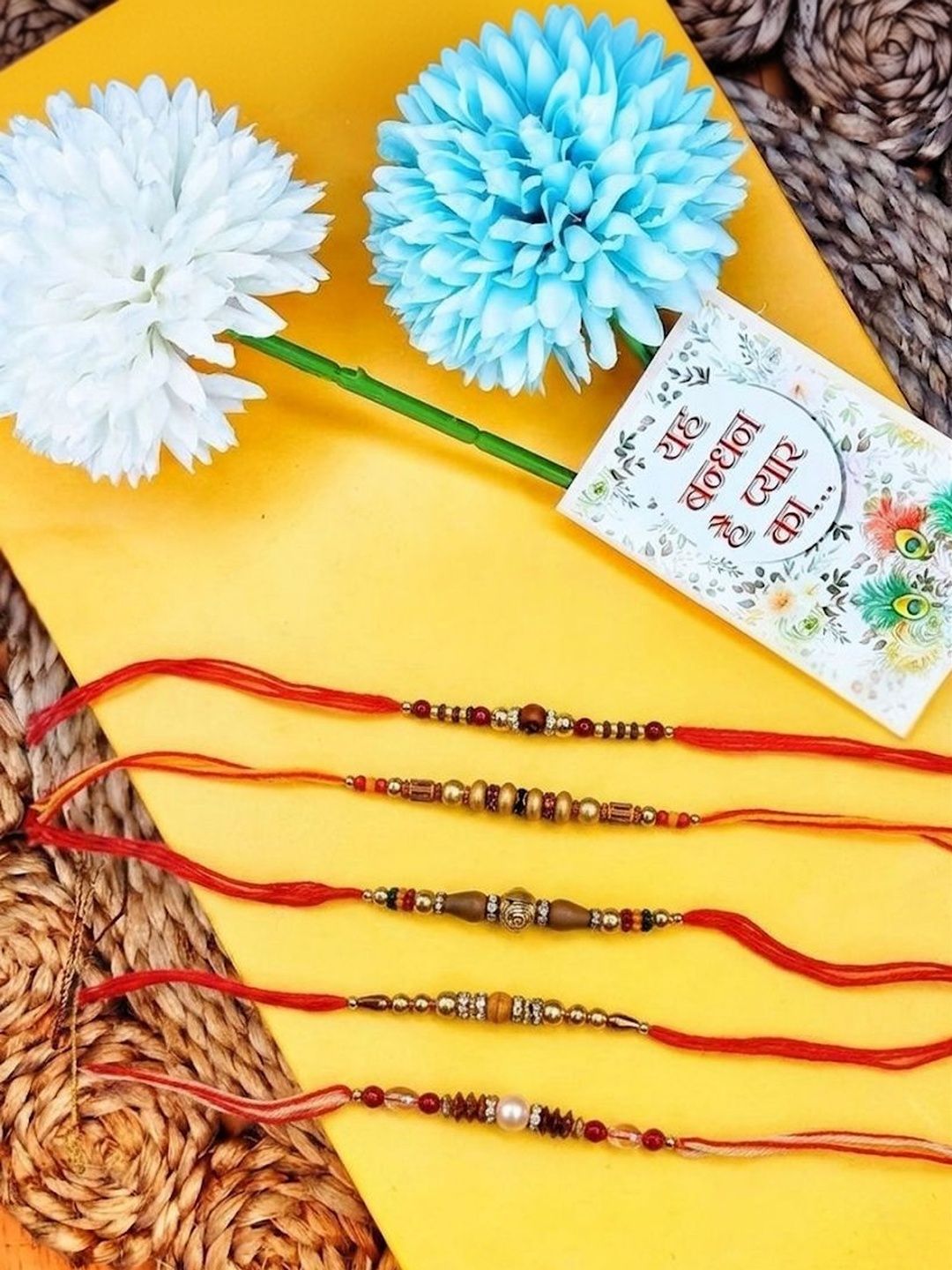 Anouk Set Of 5 Multicolor Designer Thread Rakhi With Roli Chawal Chandan Mishri