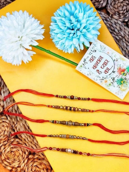 Anouk Set Of 5 Multicolor Designer Thread Rakhi With Roli Chawal Chandan Mishri