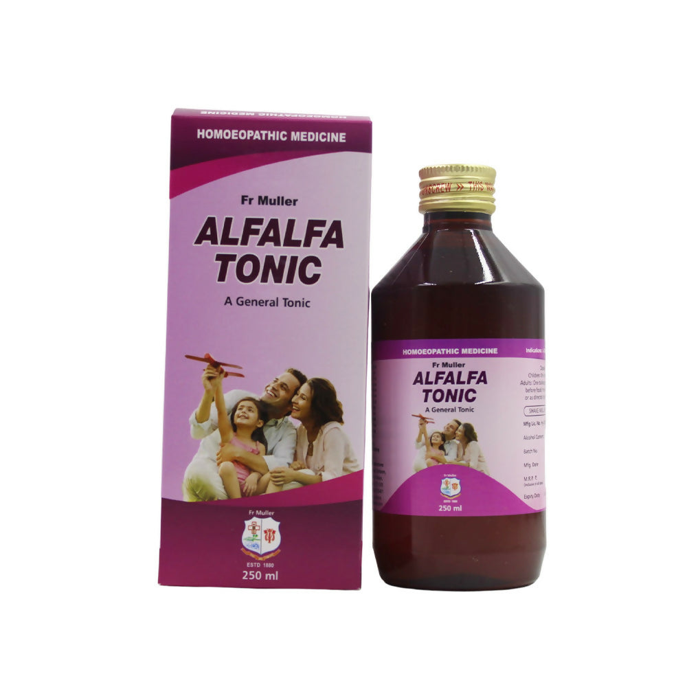 Father Muller Alfalfa Tonic in a glass bottle, showing the label and packaging of the homeopathy syrup.