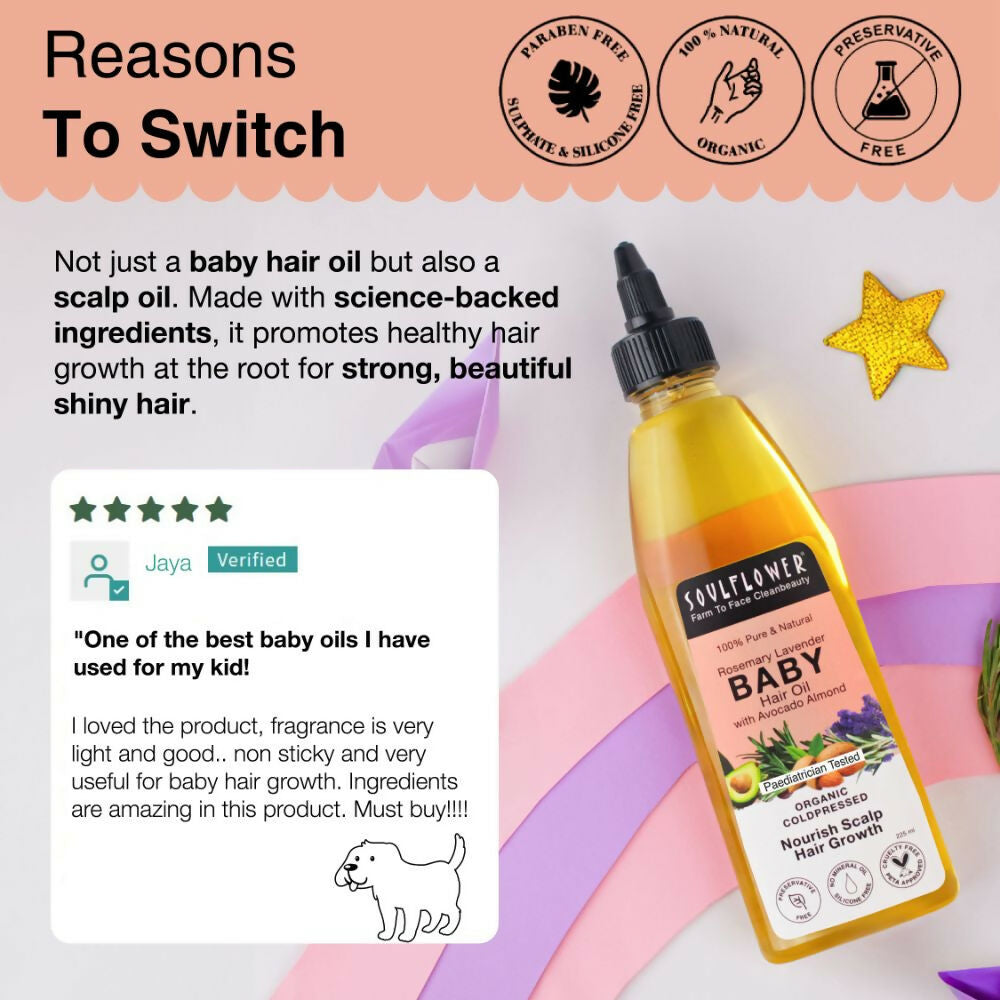 Soulflower Rosemary Lavender Baby Hair Oil bottle with dropper, gentle for baby's hair and scalp, natural herbal hair oil for babies.