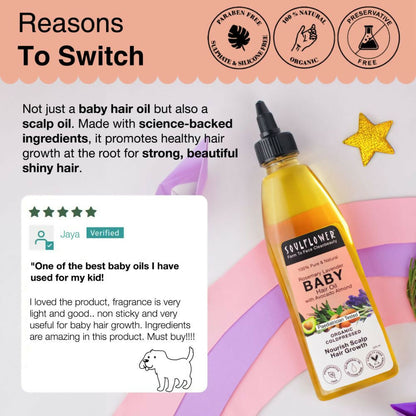 Soulflower Rosemary Lavender Baby Hair Oil bottle with dropper, gentle for baby's hair and scalp, natural herbal hair oil for babies.