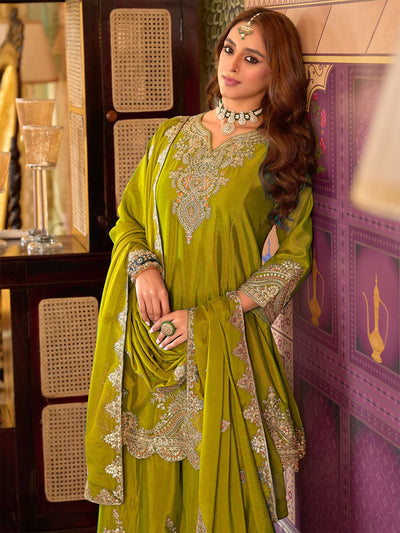Dhiyona IE Ethnic Motifs Embroidered V-Neck Sequinned Kurta With Sharara & Dupatta