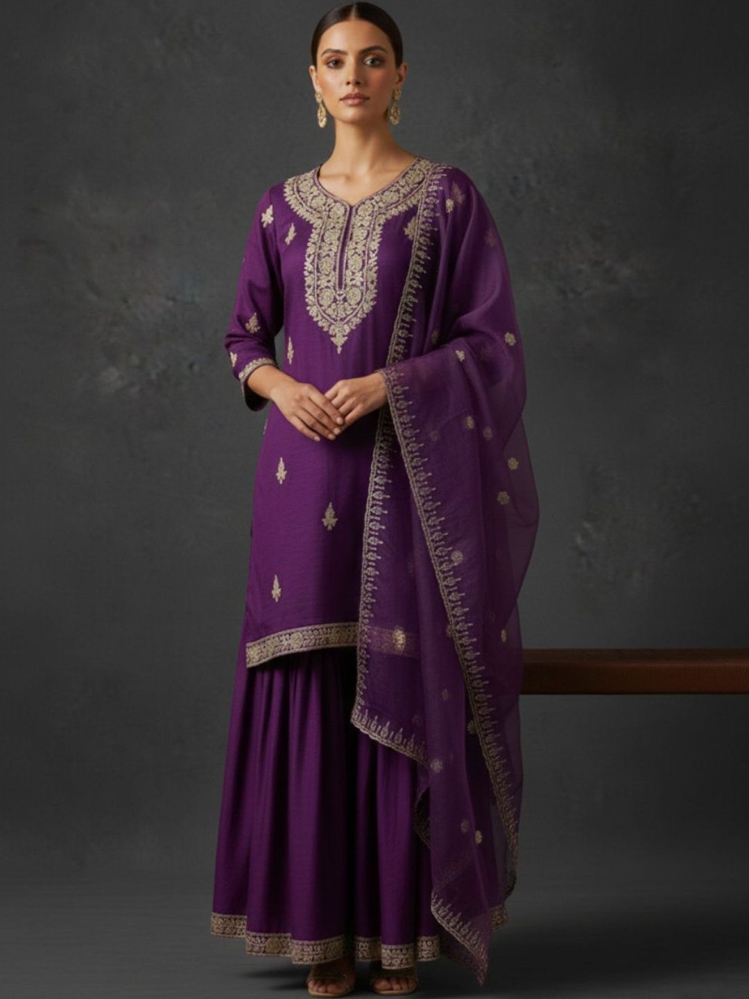 Indyancart VA Women Ethnic Motifs Embroidered Regular Thread Work Kurta with Sharara & With Dupatta