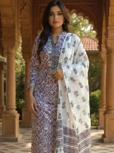 Indyancart IE Women Ethnic Motifs Printed Regular Pure Cotton Kurta & Trousers With Dupatta