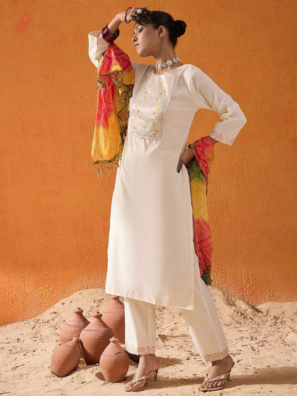 Indyancart IE Floral Woven Design Pure Cotton Straight Kurta With Trousers & Dupatta