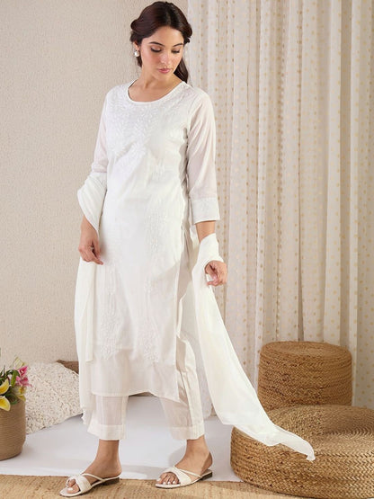 Women Floral Embroidered Regular Chikankari Pure Cotton Kurta with Trousers & With Dupatta