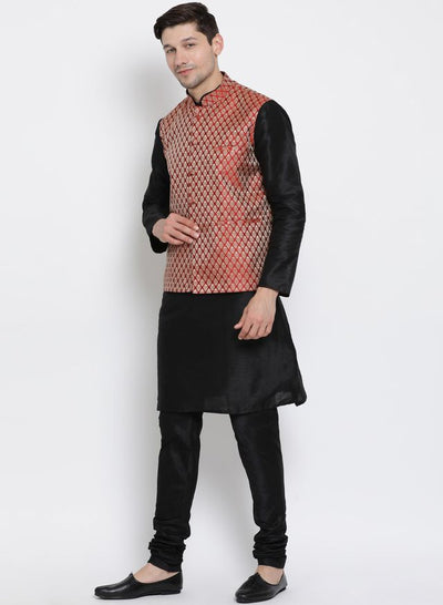 Men's Black Silk Blend Straight Jacket  Kurta and Pyjama Set