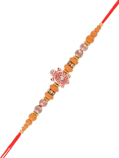 Anouk Red Stone Studded & Beaded Tortoise Charm Thread Rakhi With Roli Chawal