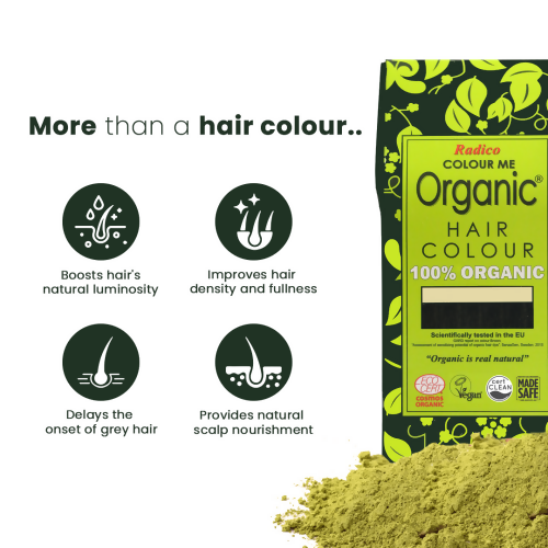 Radico Organic Sun Blonde Hair Color Powder in a container, showing the natural, organic powder for hair coloring.