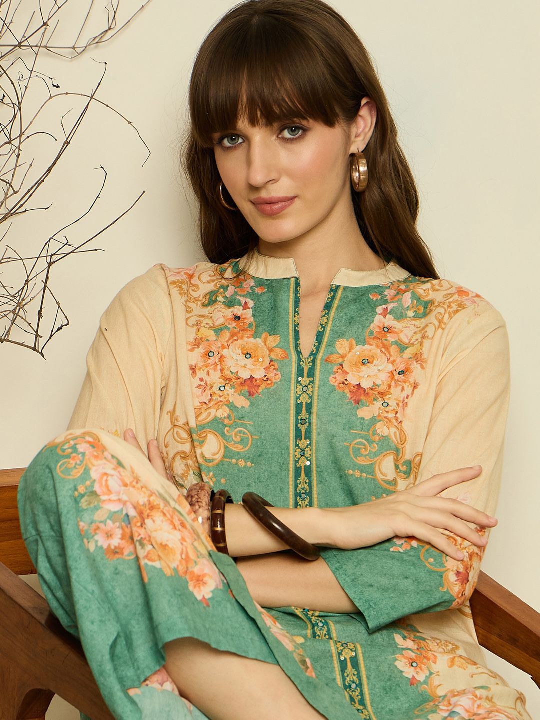 Women Floral Printed Regular Sequinned Kurta with Palazzos